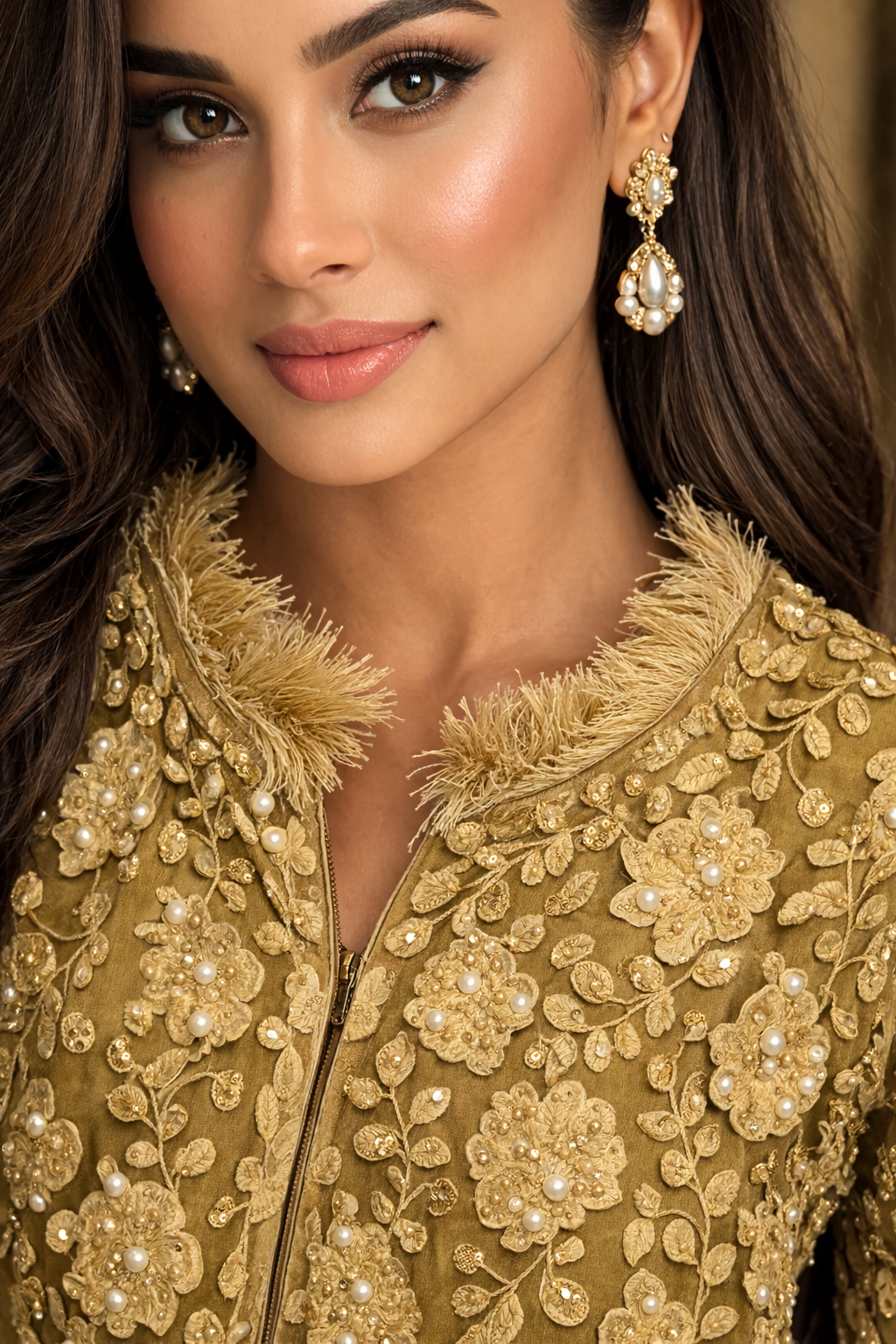 Heritage Gold Olive Embellished Detached Lace Jacket with Satin Gown: Dyable & Customisable