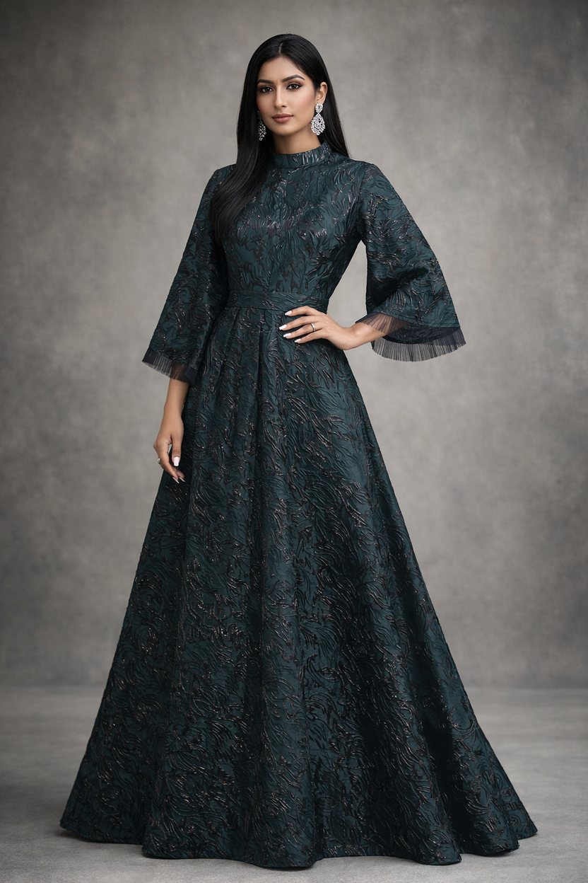Green Jacquard gown with black accents and funnel sleeves - Pre Order