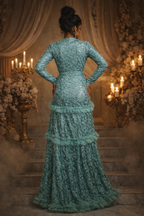 Lace Blue gown with rhinestores, net details on the skirt and straight sleeves