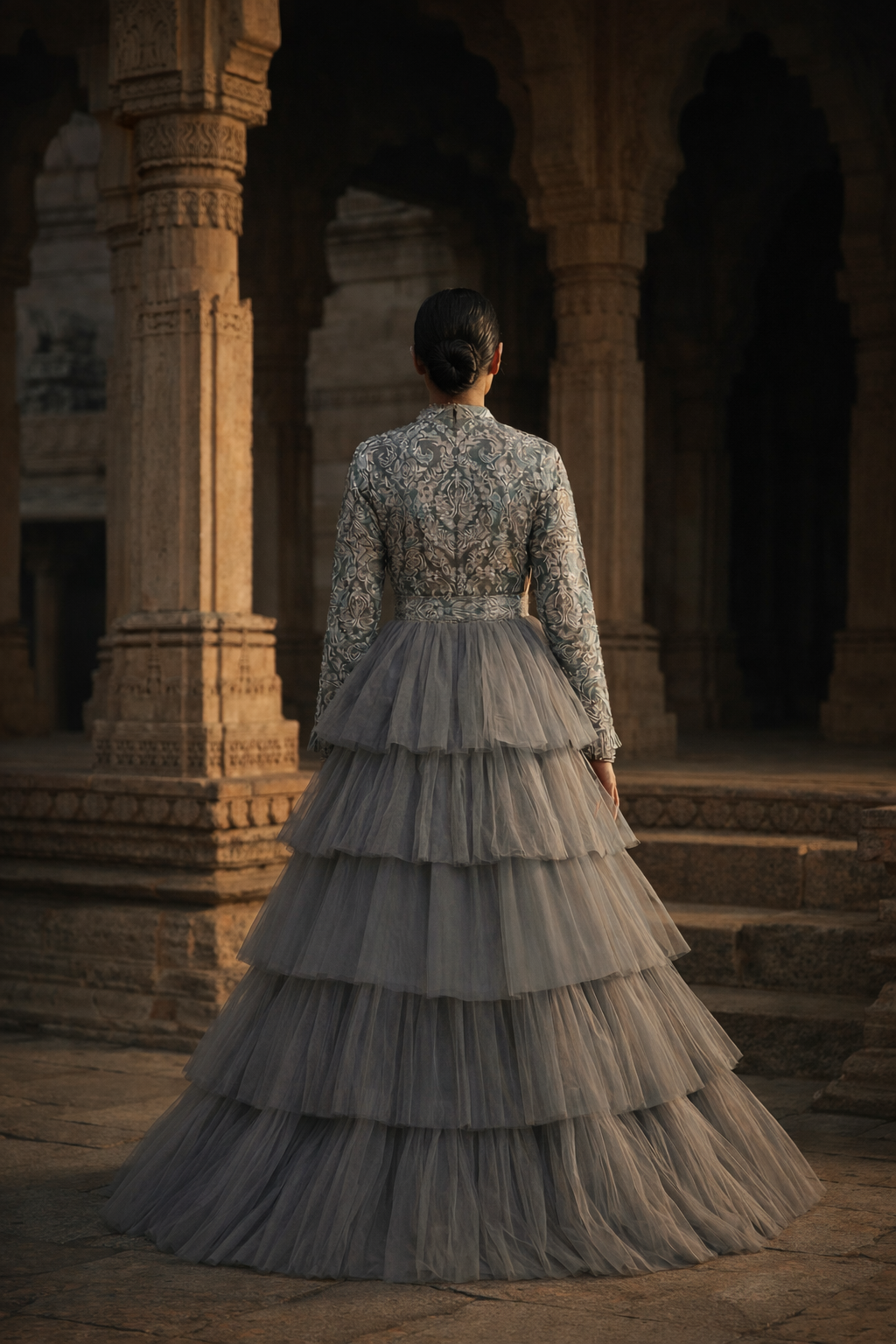 Grey Rara Gown with net tulle and straight sleeves