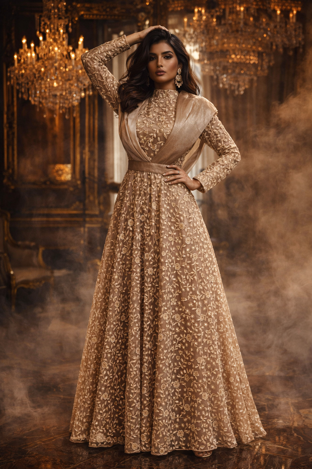 Nude Lace gown with detachable Sash drape and straight sleeves | Pre Order