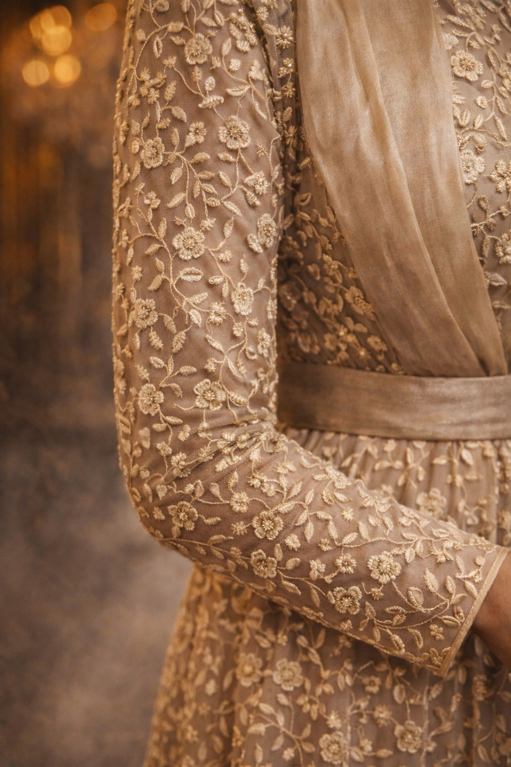 Nude Lace gown with detachable Sash drape and straight sleeves | Pre Order