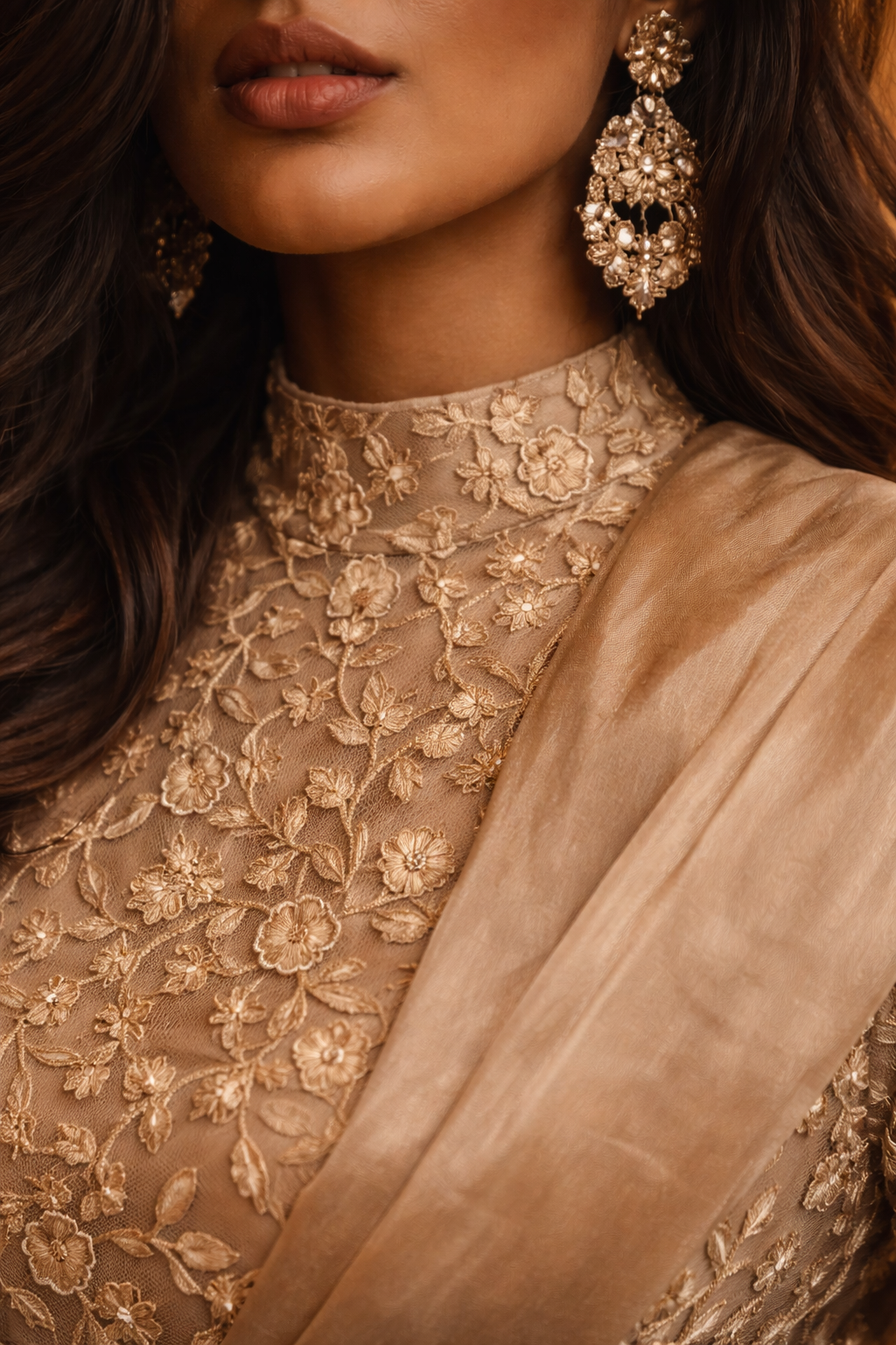 Nude Lace gown with detachable Sash drape and straight sleeves | Pre Order