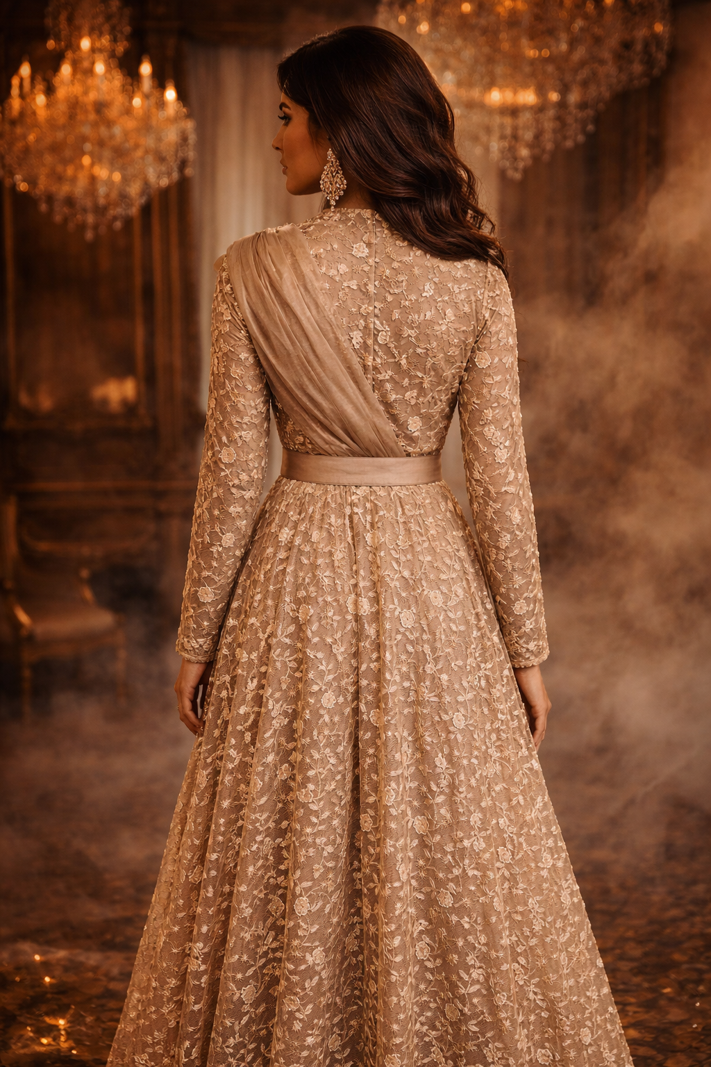 Nude Lace gown with detachable Sash drape and straight sleeves | Pre Order