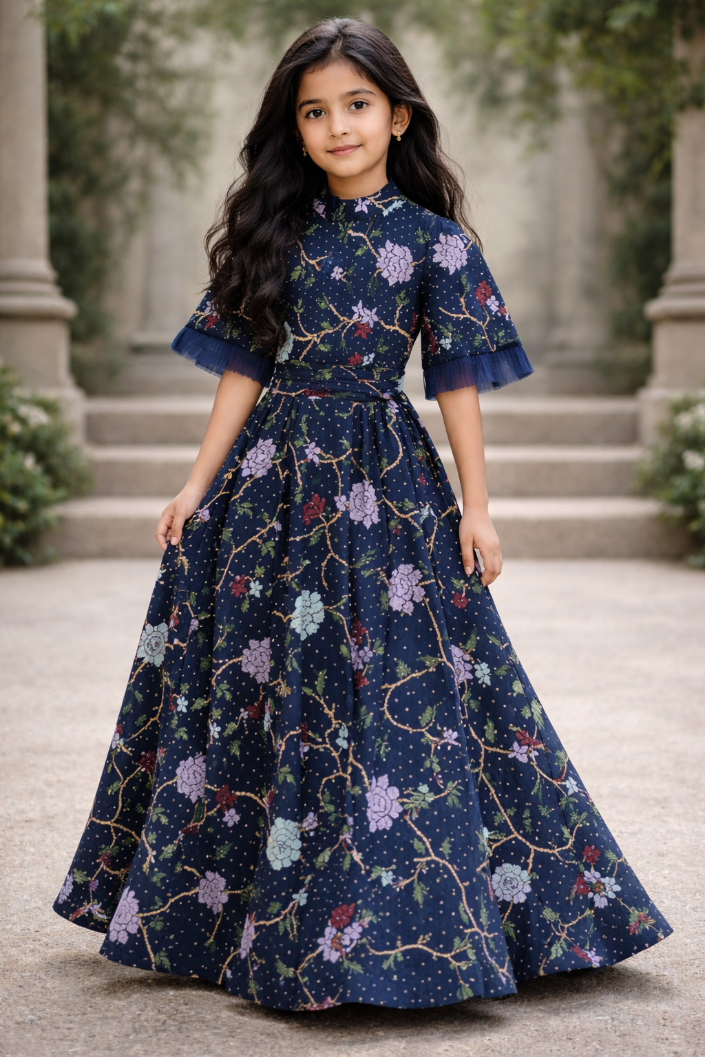 kids blue floral lace dress with funnel sleeves