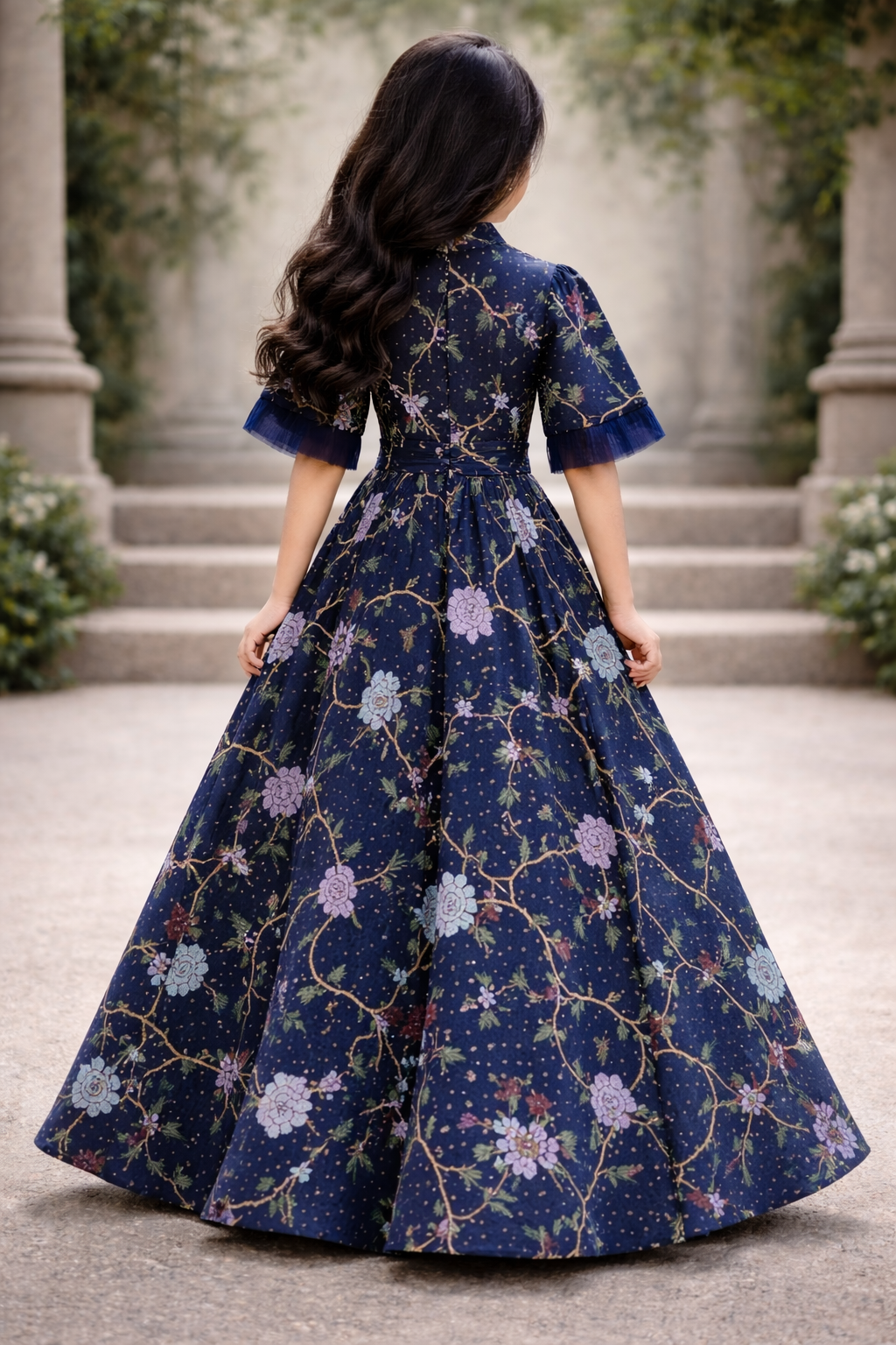kids blue floral lace dress with funnel sleeves