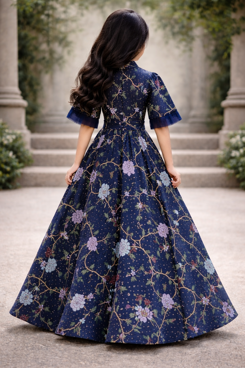 kids blue floral lace dress with funnel sleeves