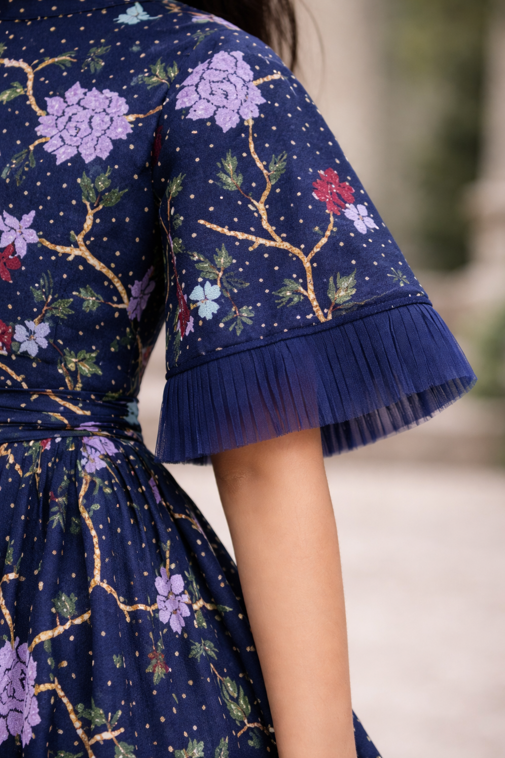 kids blue floral lace dress with funnel sleeves