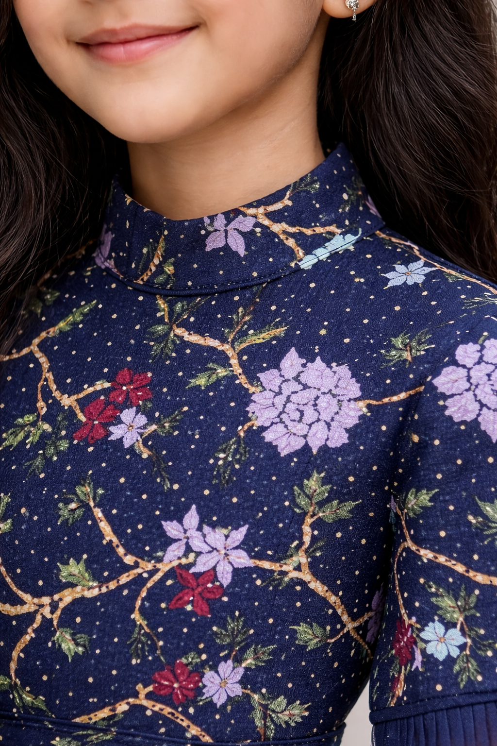 kids blue floral lace dress with funnel sleeves