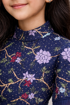 kids blue floral lace dress with funnel sleeves