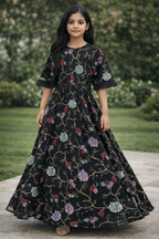 Kids black floral dress with funnel sleeves