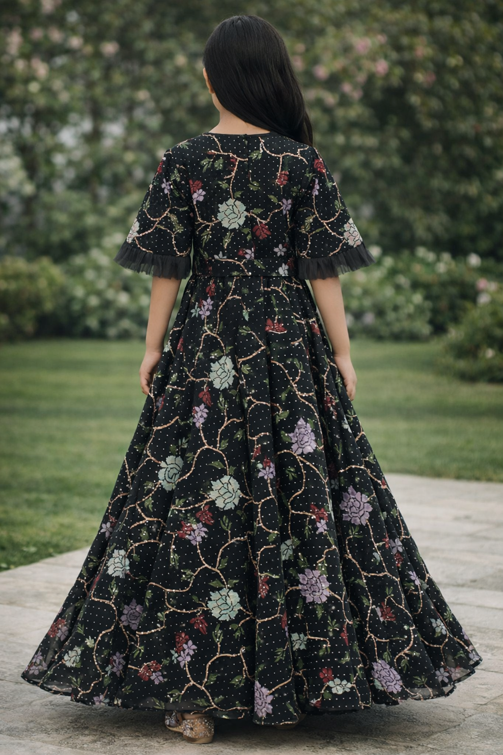 Kids black floral dress with funnel sleeves