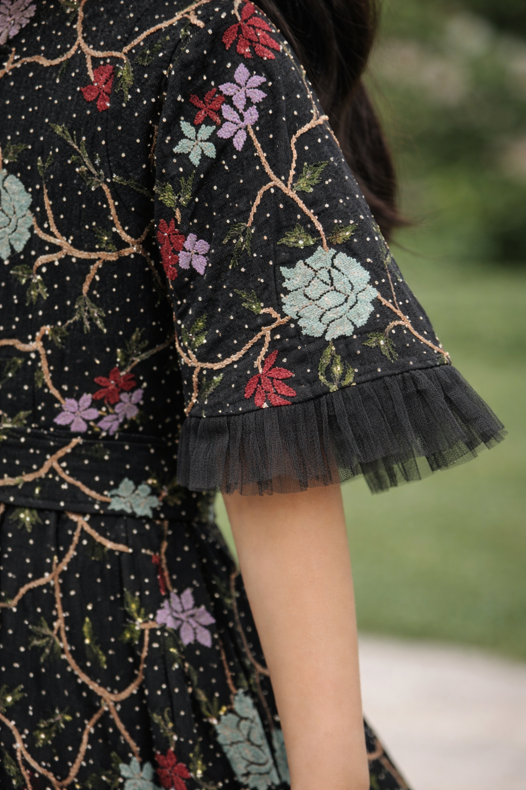 Kids black floral dress with funnel sleeves