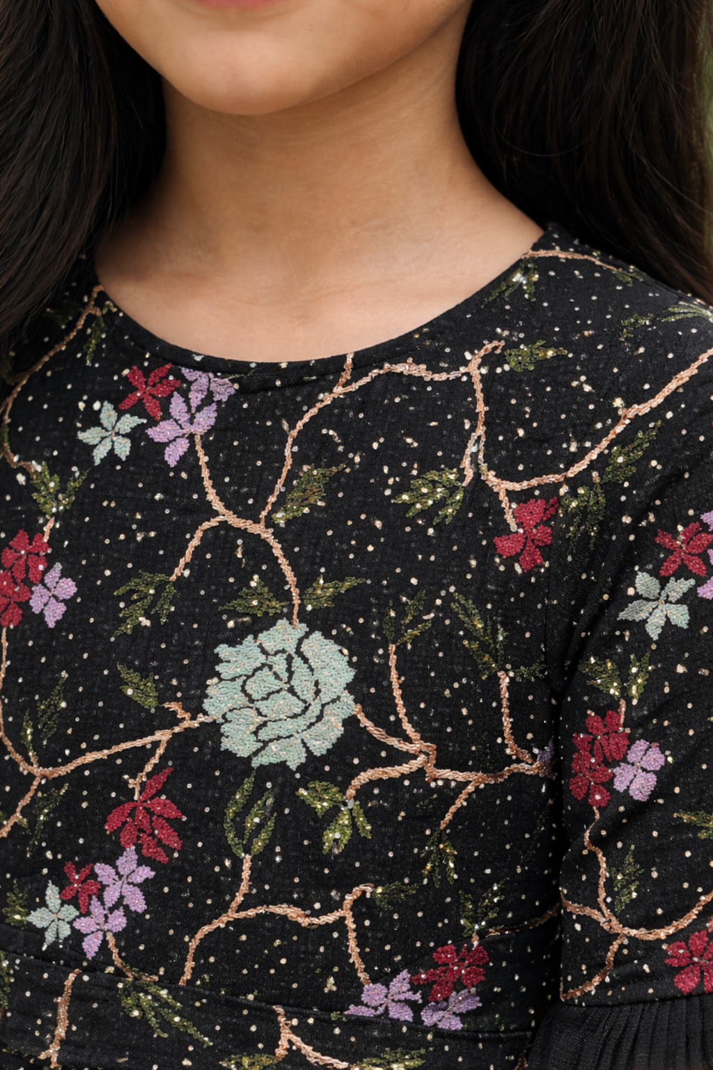 Kids black floral dress with funnel sleeves
