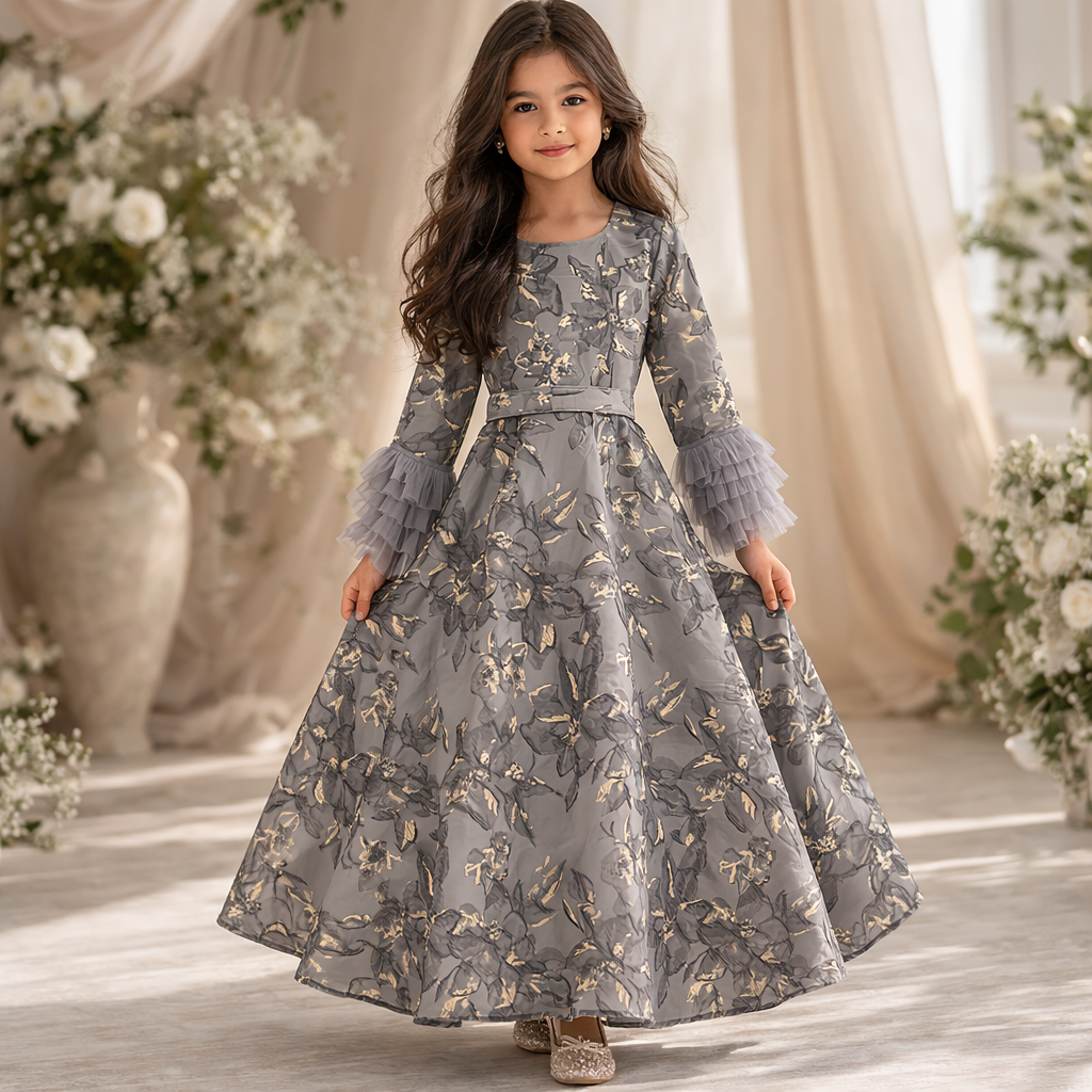 Kids Gray jacquard gown with straight sleeves