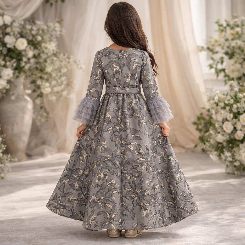Kids Gray jacquard gown with straight sleeves