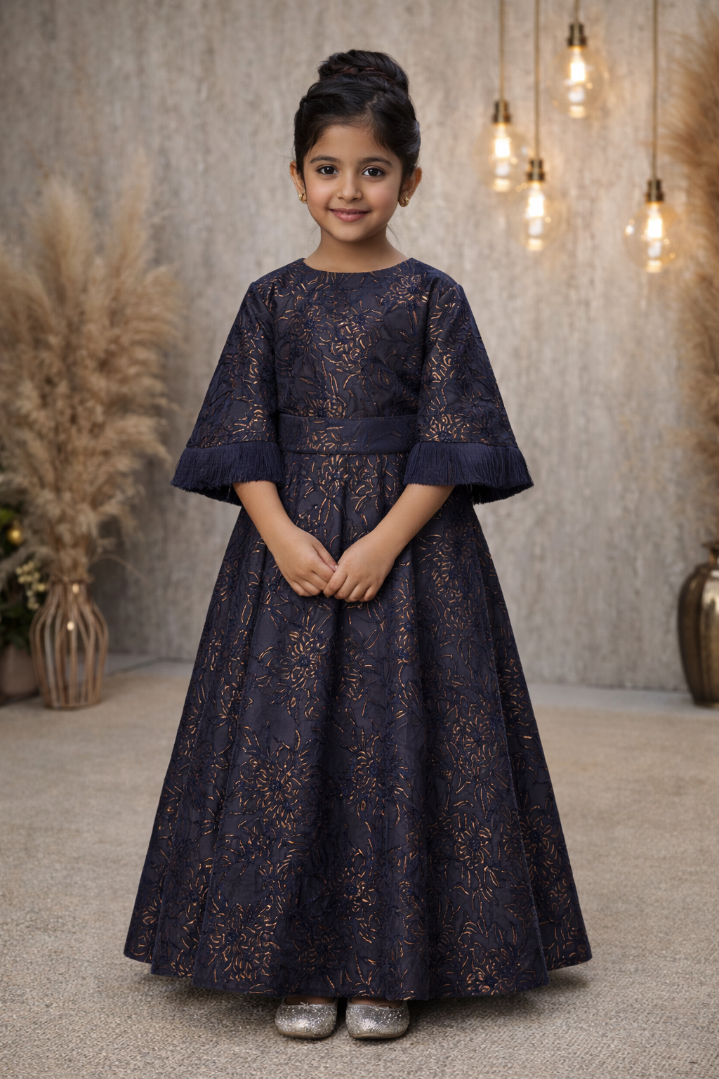 Kids blue garcia jacquard gown with funnel sleeves - Pre Order