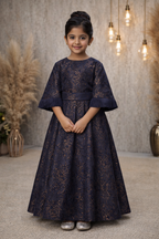 Kids blue garcia jacquard gown with funnel sleeves - Pre Order
