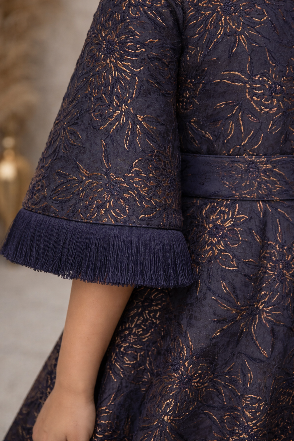 Kids blue garcia jacquard gown with funnel sleeves - Pre Order