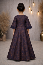 Kids blue garcia jacquard gown with funnel sleeves - Pre Order