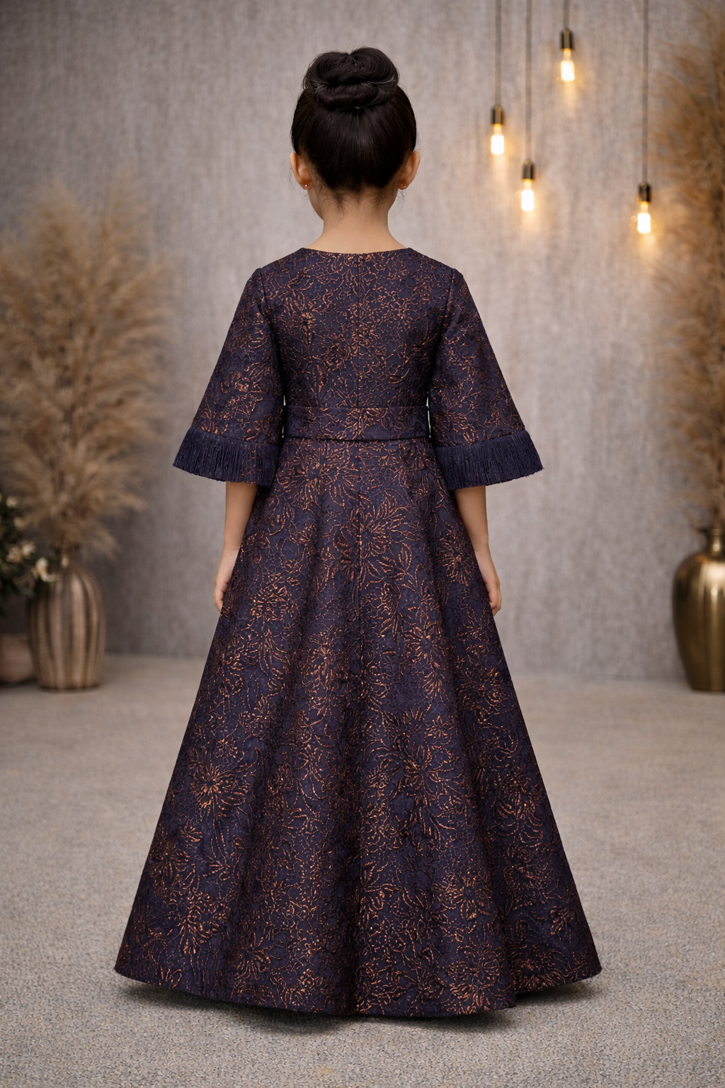 Kids blue garcia jacquard gown with funnel sleeves - Pre Order