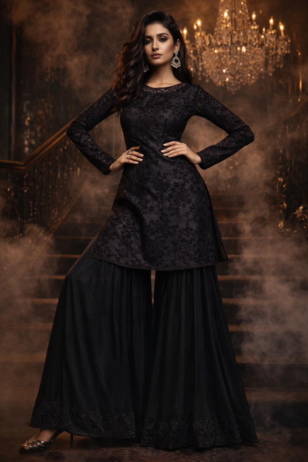 Embroidered black Straight Dress with sharara pants and straight sleeves - pre Order