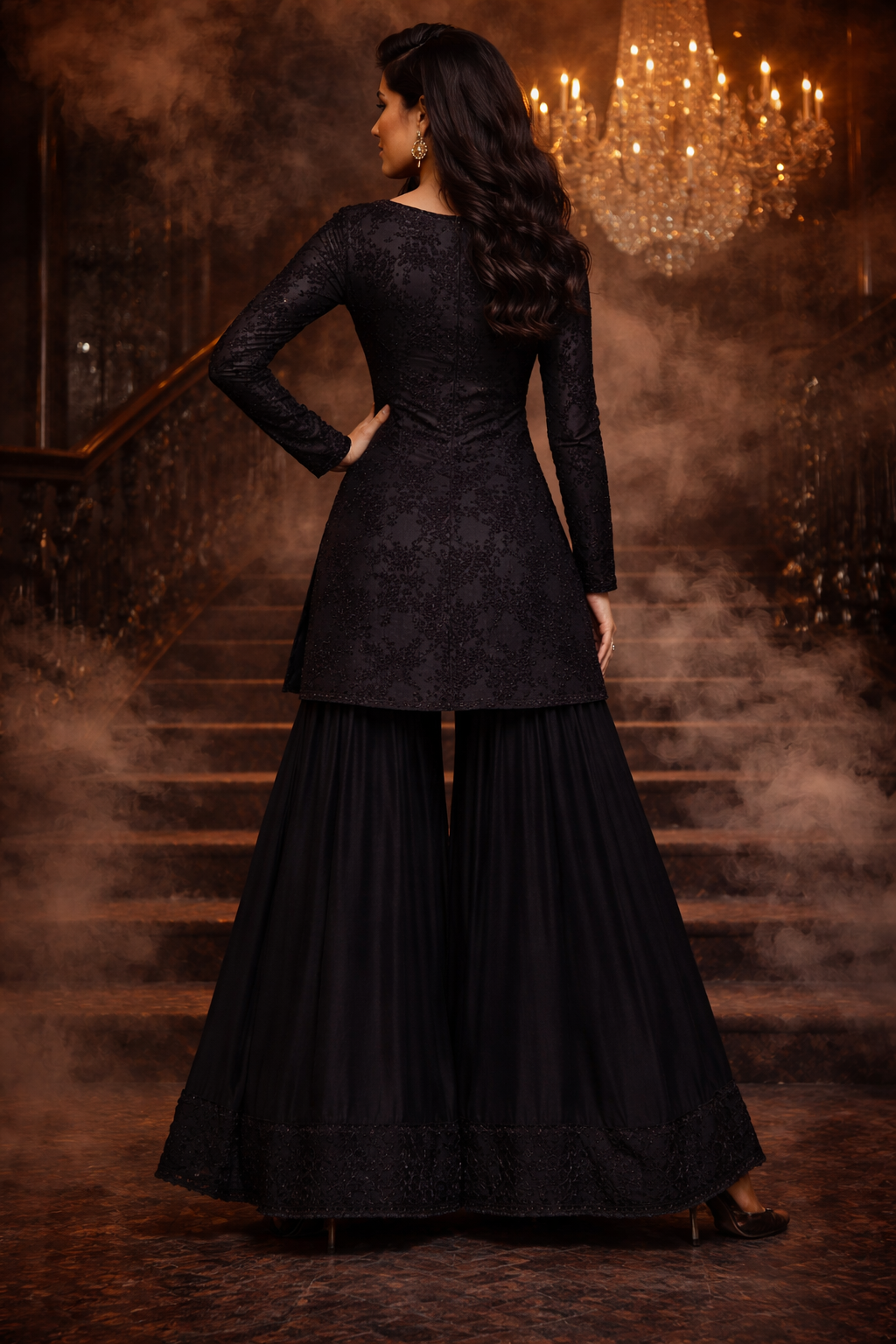 Embroidered black Straight Dress with sharara pants and straight sleeves - pre Order