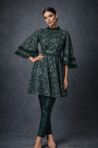 green frock and pants set with double funnel sleeves | Pre-order