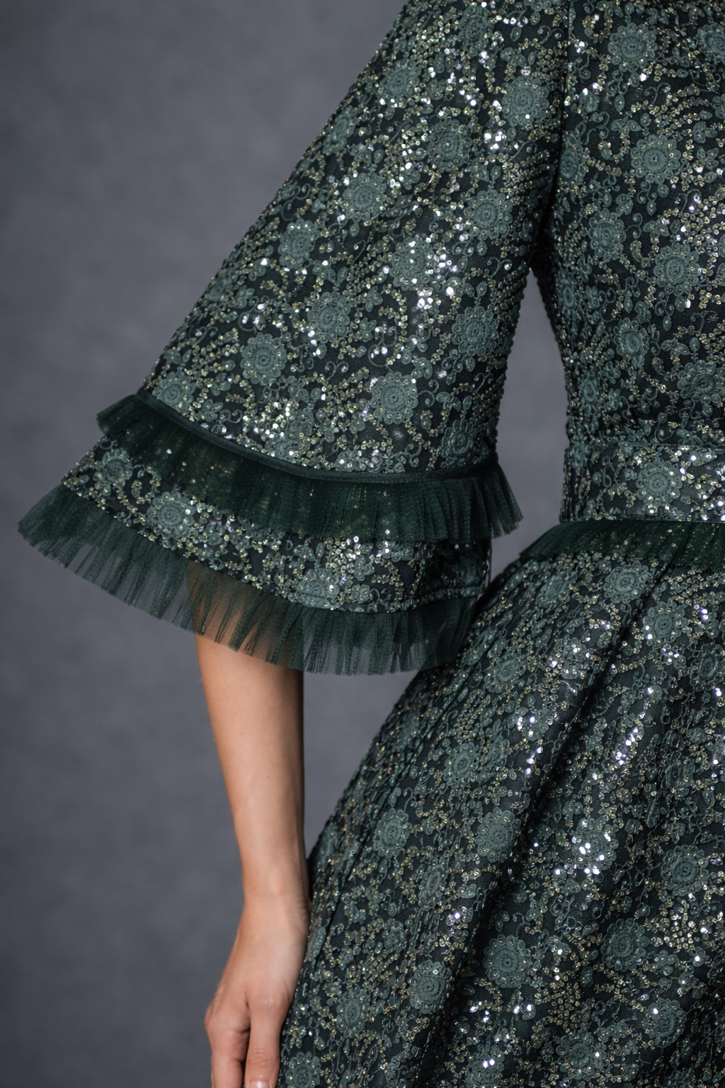 green frock and pants set with double funnel sleeves | Pre-order