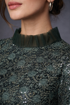 green frock and pants set with double funnel sleeves | Pre-order