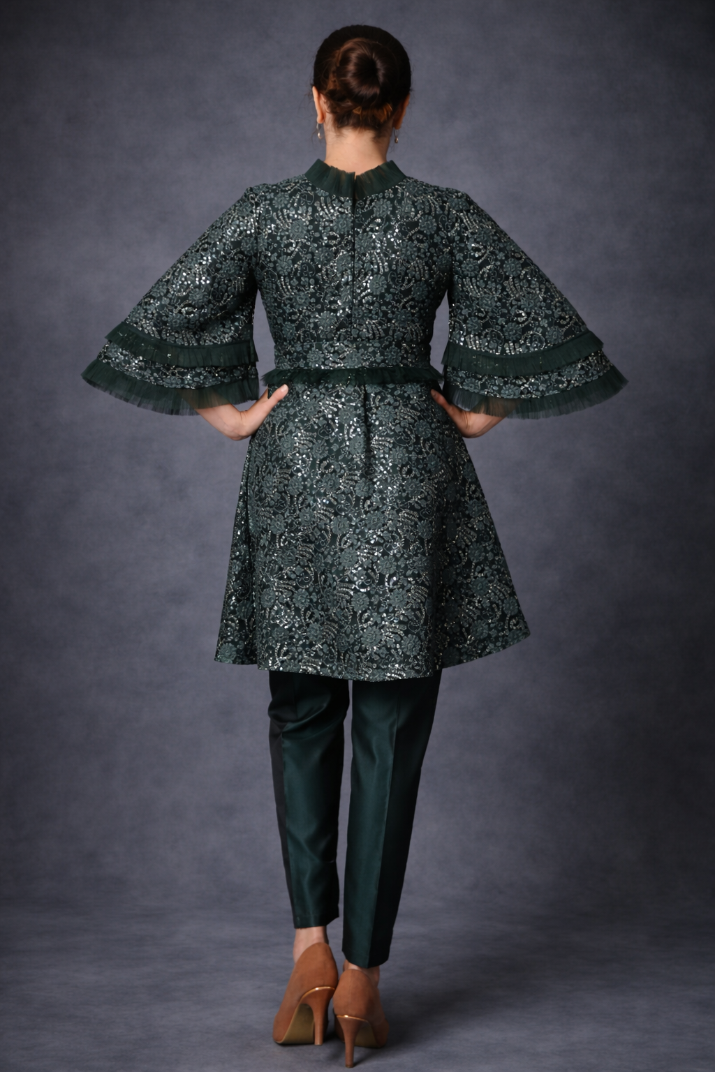 green frock and pants set with double funnel sleeves | Pre-order