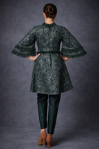 green frock and pants set with double funnel sleeves | Pre-order