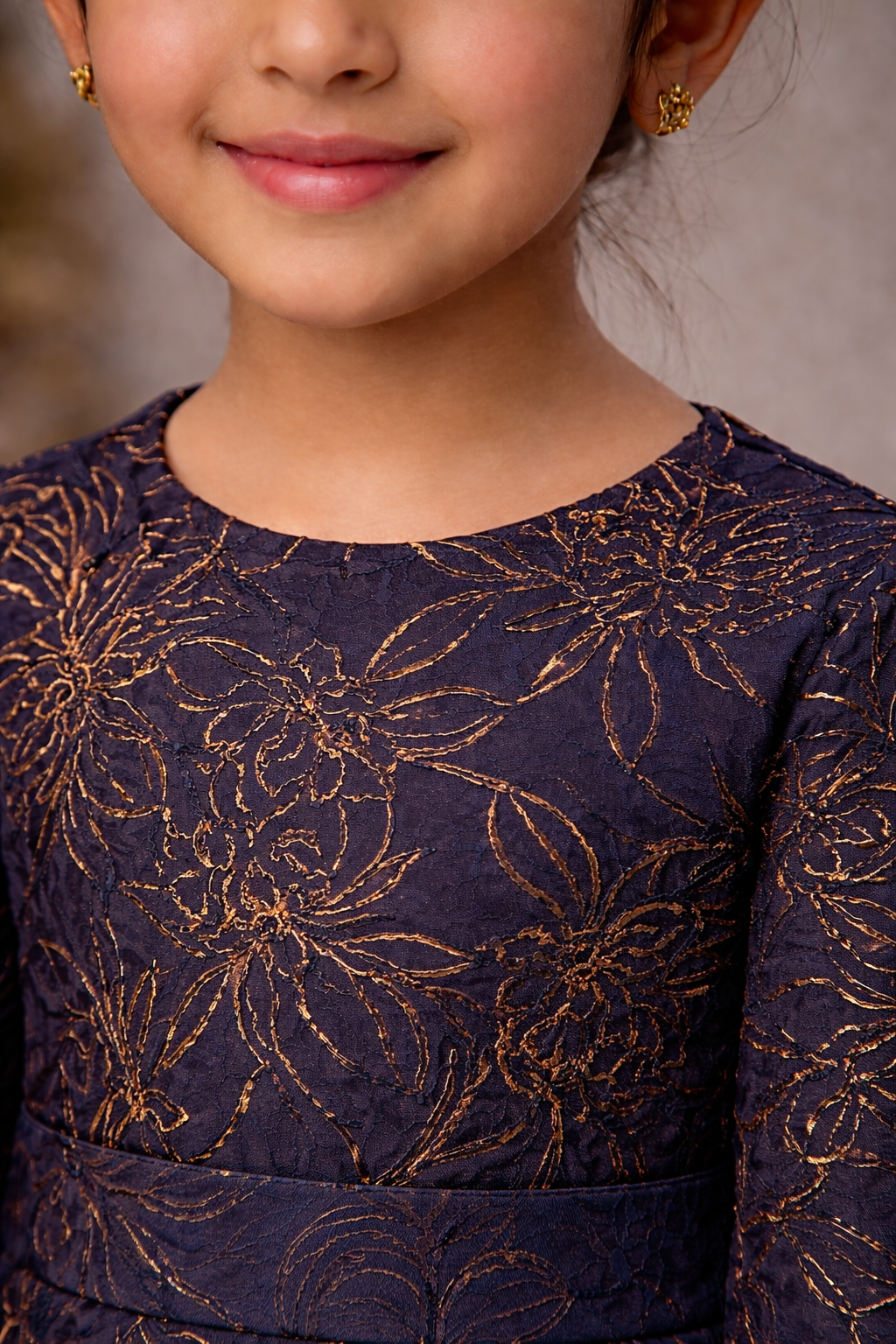 Kids blue garcia jacquard gown with funnel sleeves - Pre Order
