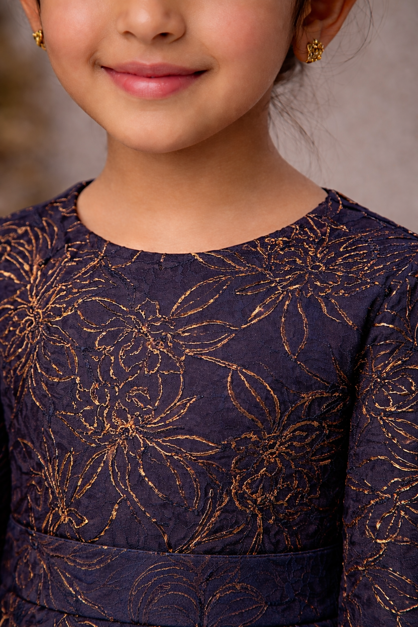 Kids blue gracia jacquard gown with funnel sleeves