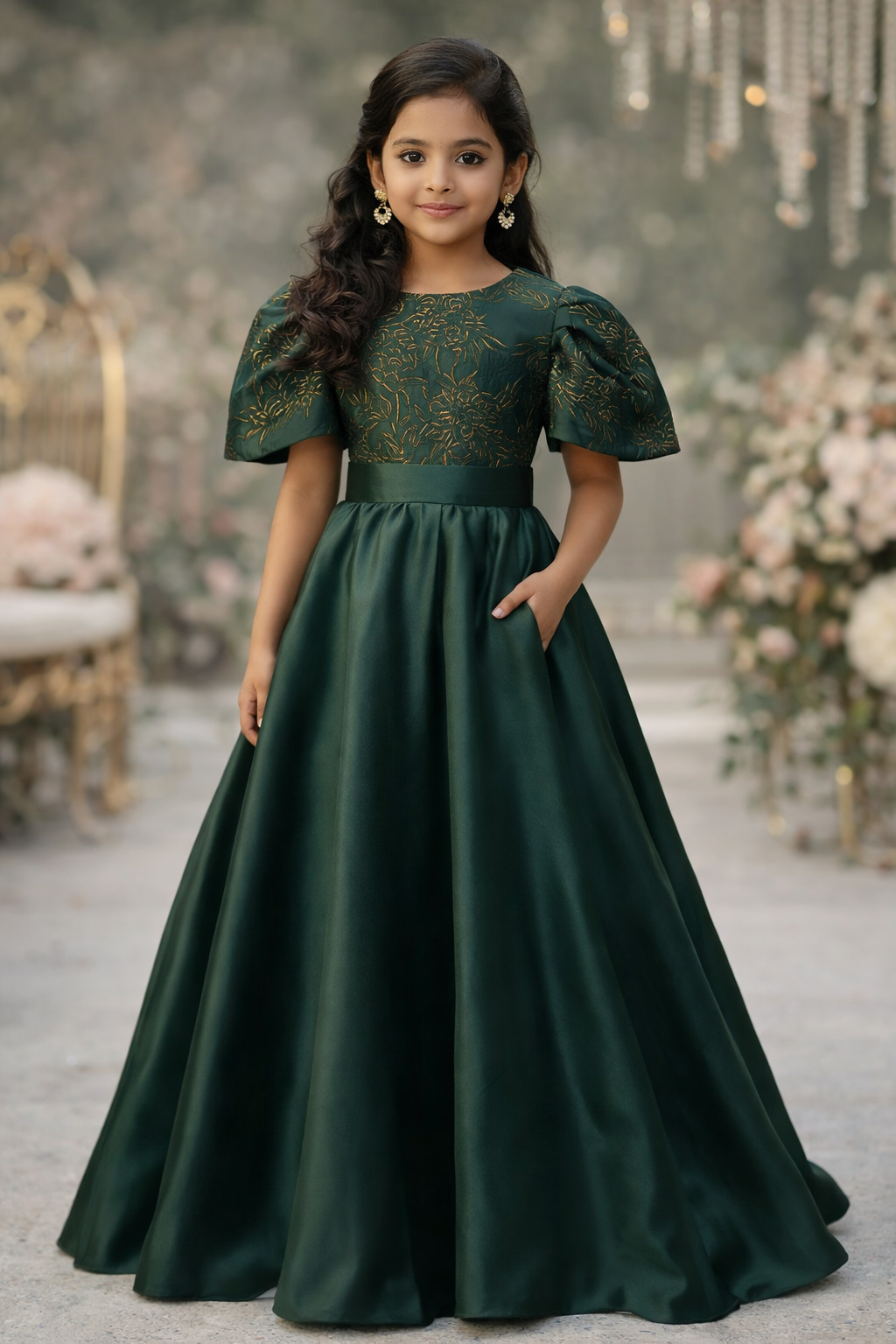 Green Garcia Ballerina Sleeves kids Gown | Pre-order