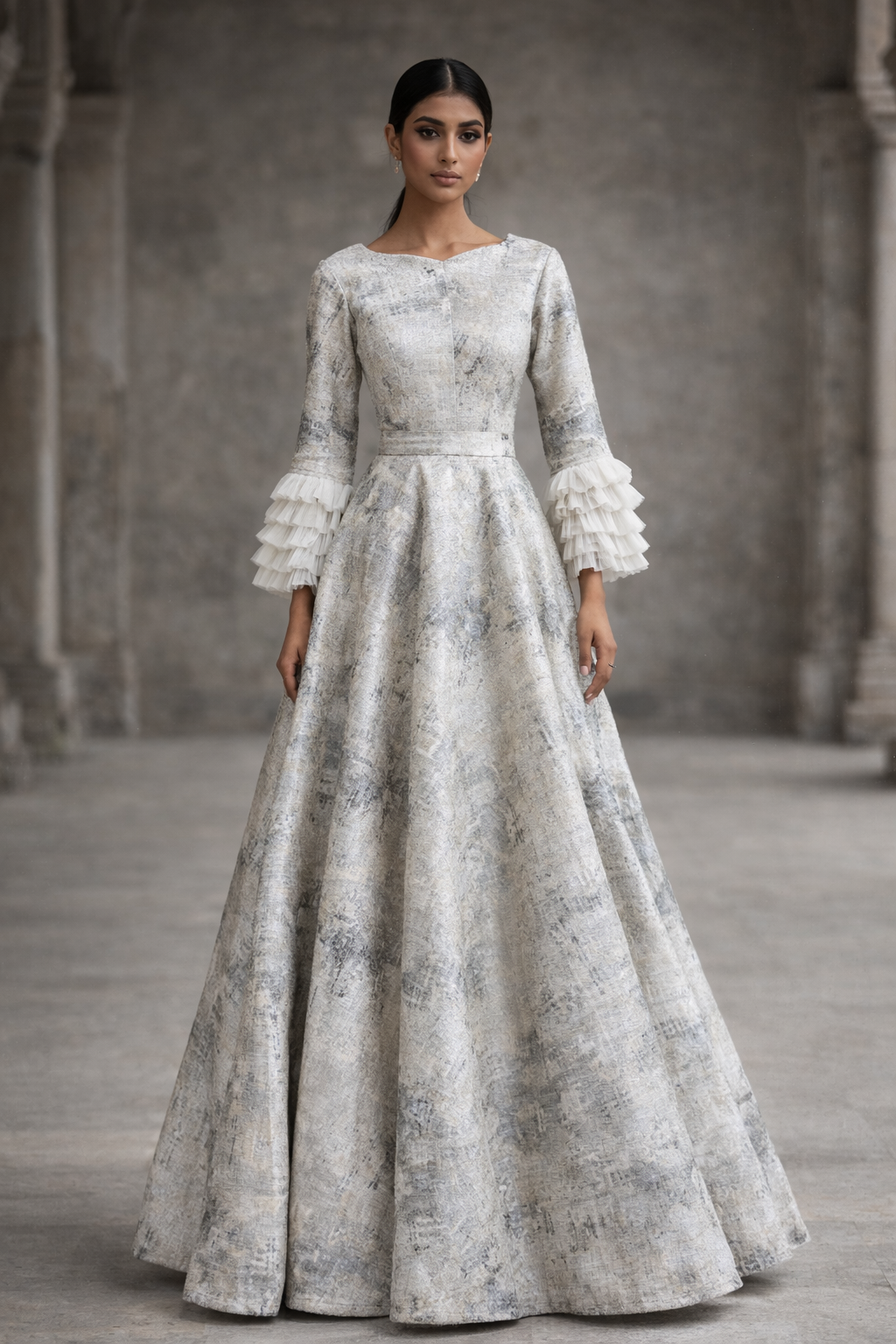 White with gray jacquard gown with a hint of silver with straight Ruffled sleeves