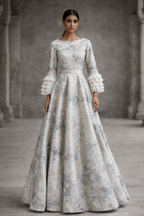 White with gray jacquard gown with a hint of silver with straight Ruffled sleeves