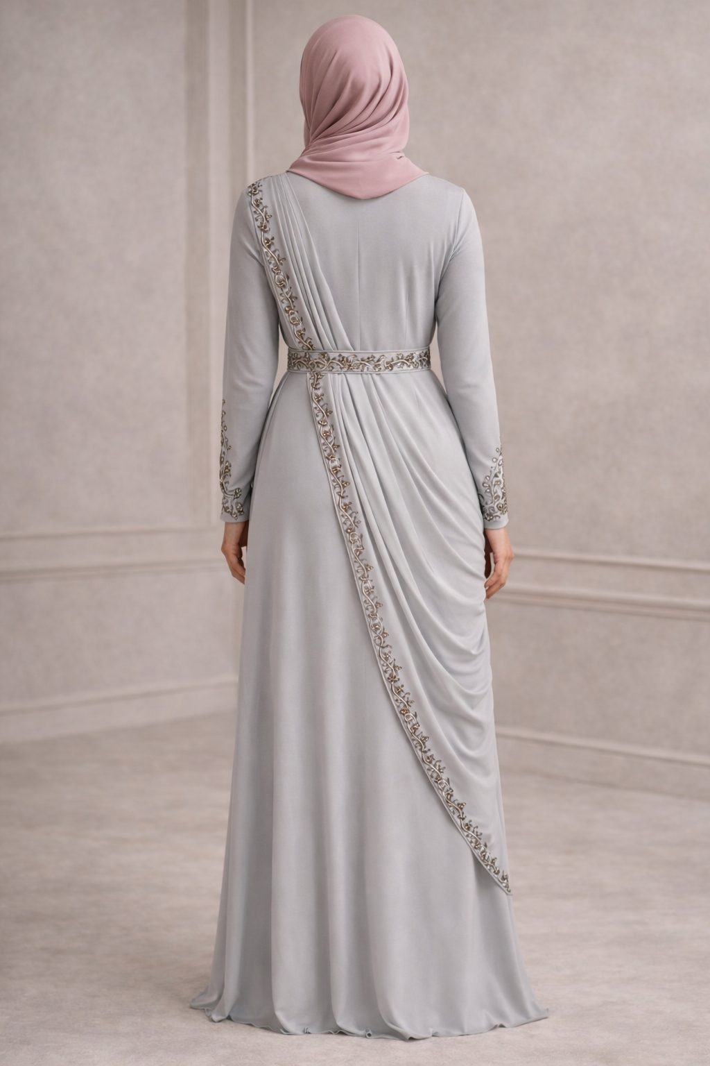 Grey saree dress with Pewter embellishment and straight sleeves | Pre-order