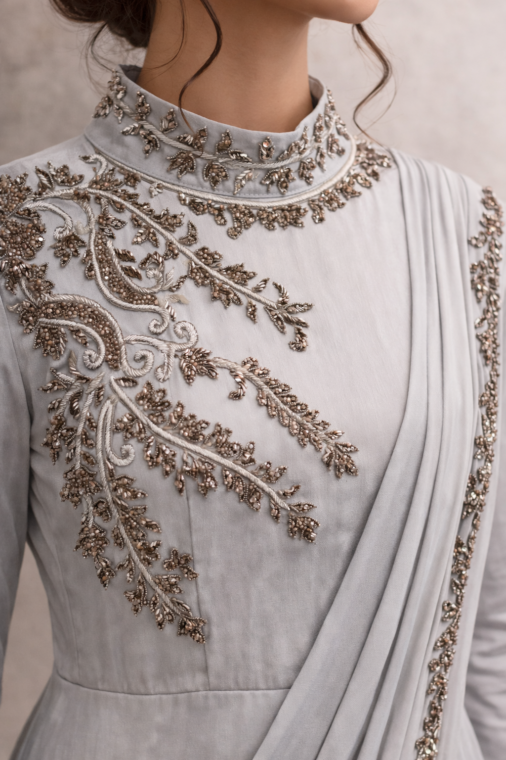 Grey saree dress with Pewter embellishment and straight sleeves | Pre-order