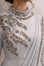 Grey saree dress with Pewter embellishment and straight sleeves | Pre-order