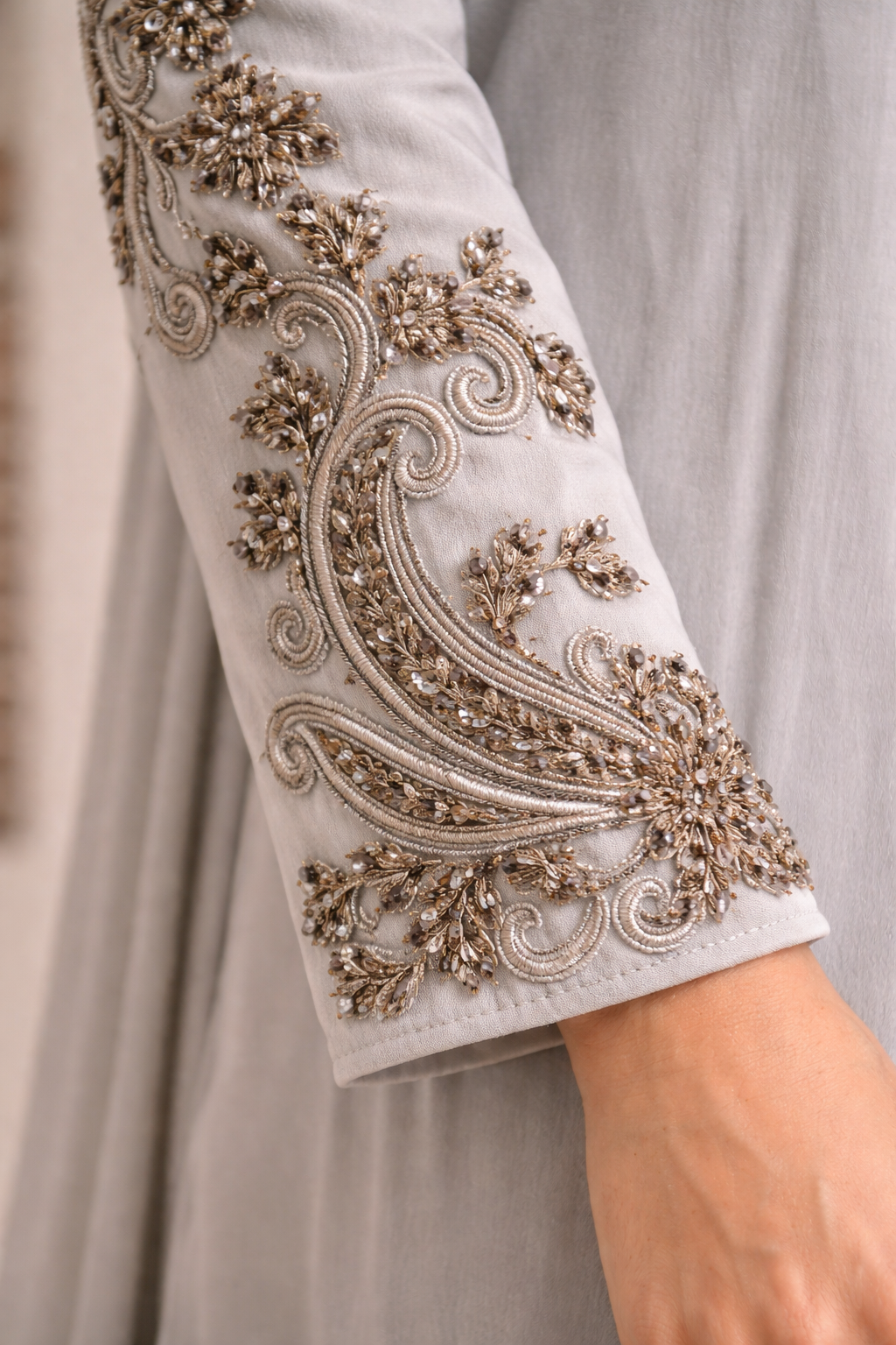 Grey saree dress with Pewter embellishment and straight sleeves | Pre-order