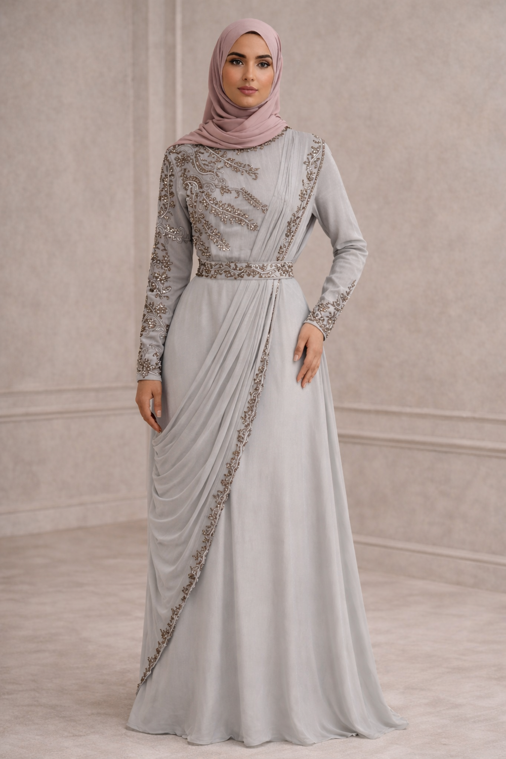 Grey saree dress with Pewter embellishment and straight sleeves | Pre-order