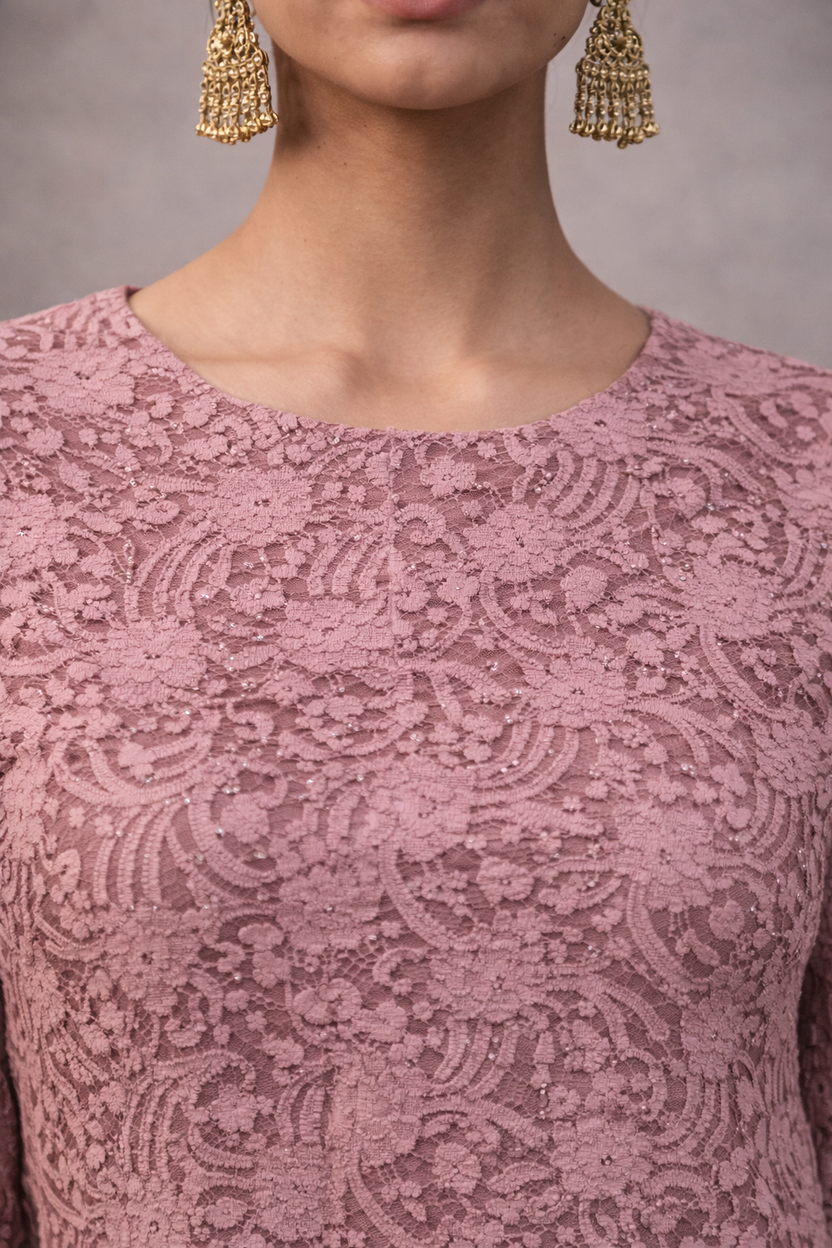Pink N&T Statement Shoulders Lace Dress and Pants | Pre-order