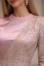 Blush Pink satin dress with lace drape and straight sleeves