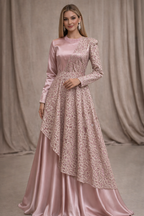 Blush Pink satin dress with lace drape and straight sleeves