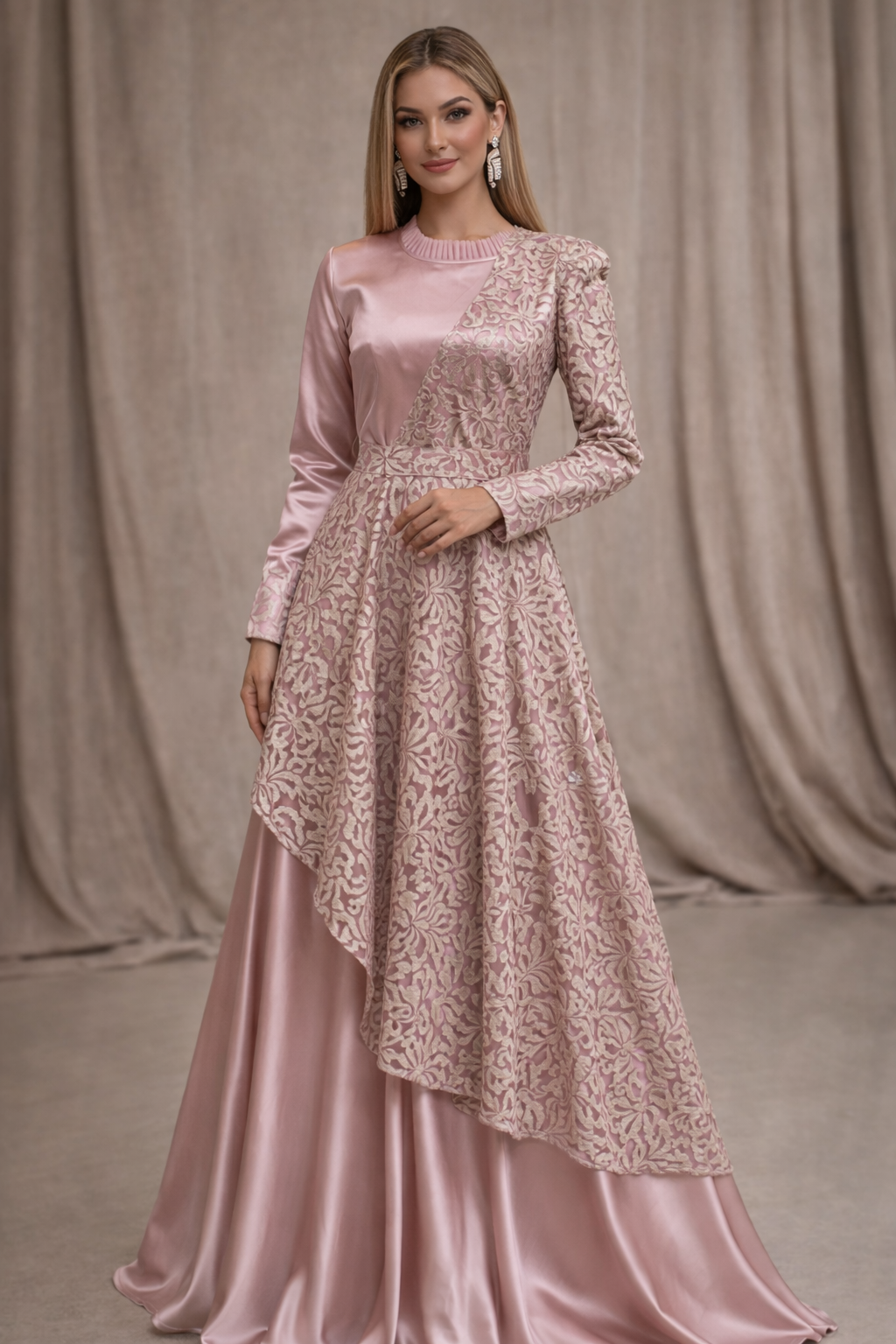 Blush Pink satin dress with lace drape and straight sleeves