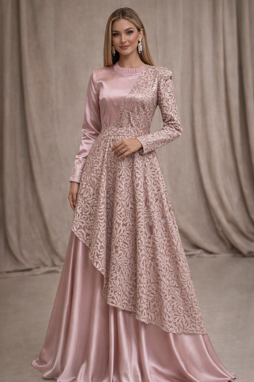 Blush Pink satin dress with lace drape and straight sleeves | Pre-order