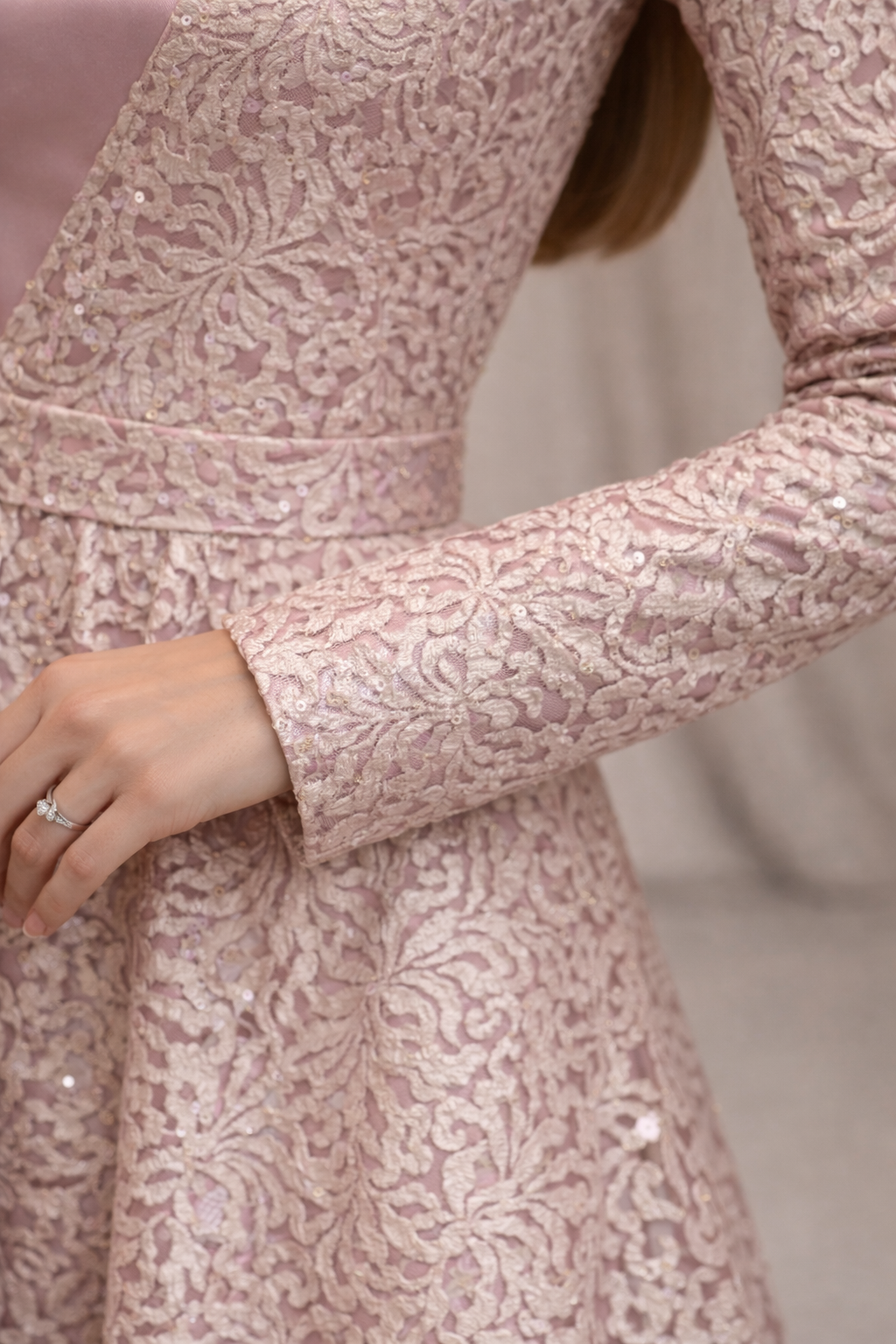 Blush Pink satin dress with lace drape and straight sleeves