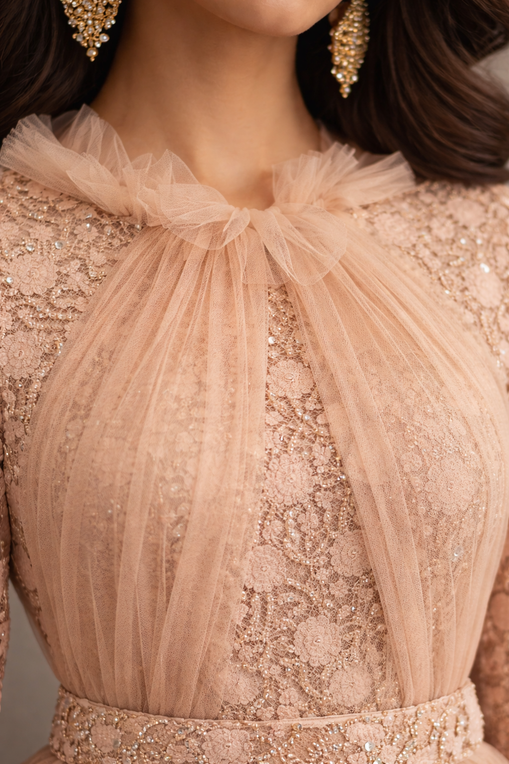 N&T Peach Straight Sleeves Lace Gown | Pre-order