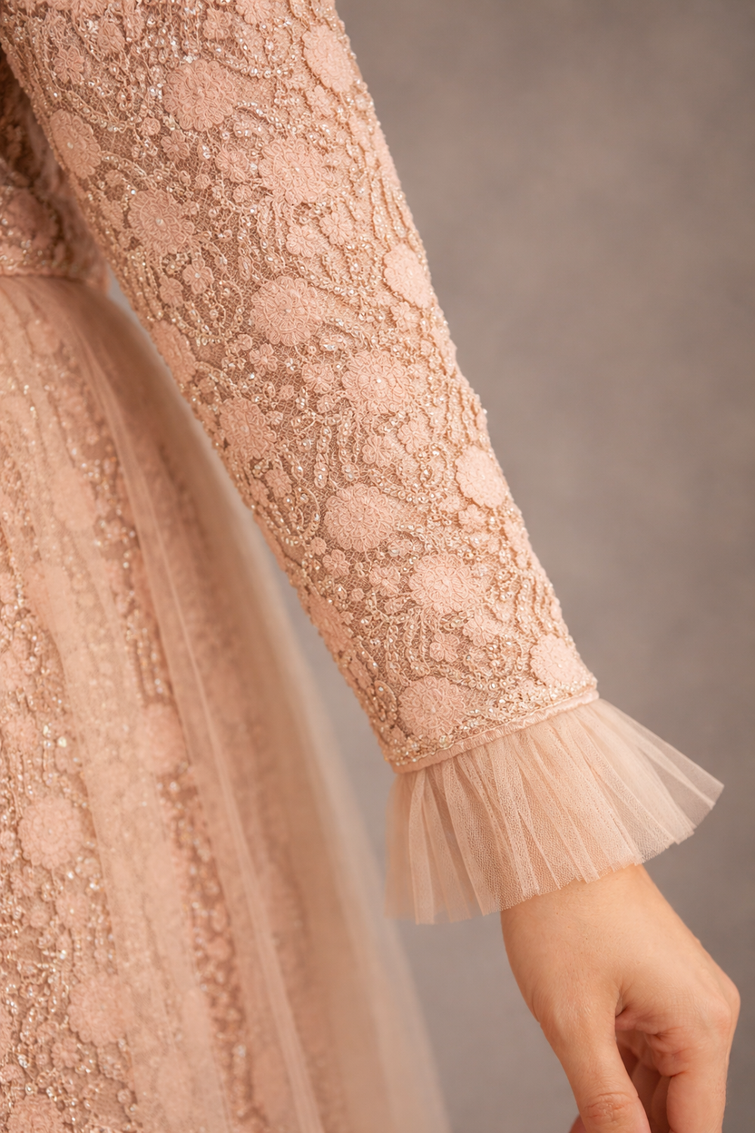 N&T Peach Straight Sleeves Lace Gown | Pre-order